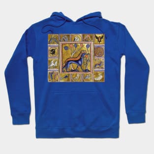 MEDIEVAL BESTIARY THREE DOGS, FANTASTIC ANIMALS IN GOLD RED BLUE COLORS Hoodie